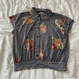 checkered floral button crop top